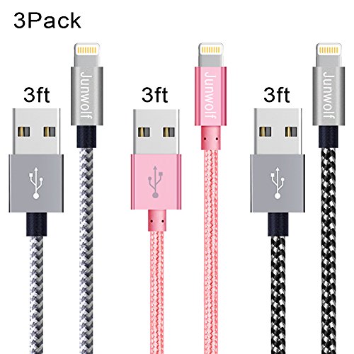 Junwolf 3 Pack 3FT Phone Charger Cable Nylon Braided Charger Cable Charging for Phone XS/XR/8Plus/8/7Plus/7/6sPlus/6s/6/5S/SE, Pad 4, Pad Air 1/2, Pad Mini 1/2/3