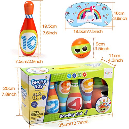Toyssa Bowling Set Indoor Foam Bowling Game Early Educational Toys for Toddler Kids with 10 Pins 2 Balls and 1 Eye Mask - Thumbnail 6