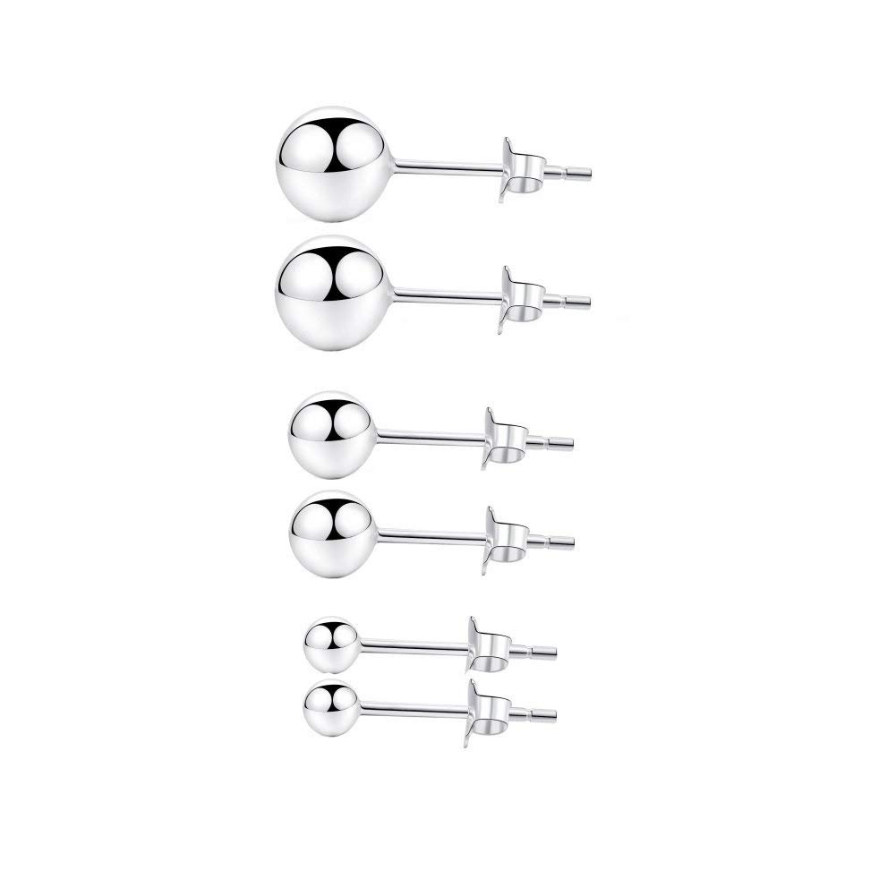 S990 Sterling Silver Ball Bead Studs Earrings for Women Girls 2/3/4mm 3 Pairs Set Cartilage Piercing Round Earring Jewelry Gift