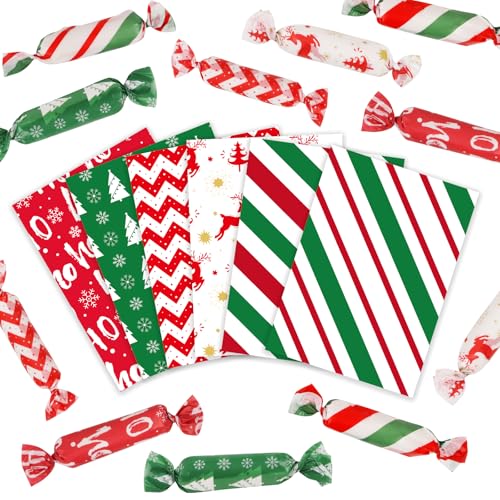 CCINEE 600Pcs Christmas Candy Wrappers Christmas Caramel Chocolate Wrapper Tissues Xmas Greaseproof Twisting Wax Homemade Wrapping Paper for Candy Packaging Birthday Party, 6 Styles(2024 Upgraded
