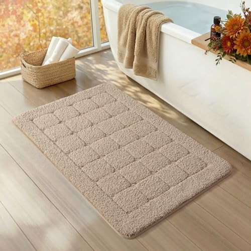 Color&Geometry Ultra Soft Bathroom Rug, Non Slip Machine Washable Bath Mat with Rubber Backing, Plush Fluffy Absorbent Carpet for Bathroom Floor, Tub and Shower, 24"x36", Beige