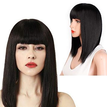 Aisi Hair Straight Bob Wig With Bangs Black Straight Wigs For Women Bob Style Black Bob Wig Shoulder Length Black Wig With Bangs Synthetic Wigs Bob