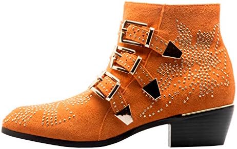 Comfity Boots for Women,Women's Leather Boot Rivets Studded Shoes Metal Buckle Low Heels Ankle Studded Booties