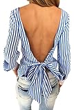 Simplee Apparel Women's Long Sleeve Backless Striped Blouse Shirt with Belt Blue