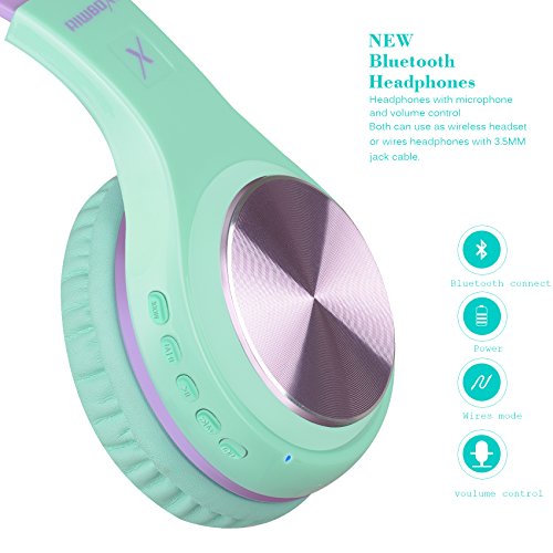 Riwbox Bluetooth Headphones, XBT-80 Folding Stereo Wireless Bluetooth Headphones Over Ear with Microphone and Volume Control, Wireless and Wired Headset for PC/Cell Phones/TV/iPad (Purple Green)