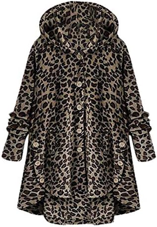 Women Button Leopard Coat Fleece Asymmetrical Hem Hooded Pullover Jacket Top Sweater