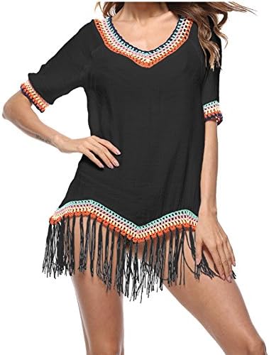 EMY Cotton Beach Cover up with Crochet Hem Tassels Boho Loose Beach Dress for Women for Bikini Swimsuit Bathing Suit (Black, One Size)