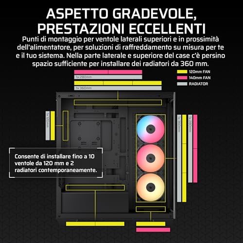 3500X RS-R ARGB Case PC Mid-Tower Panoramico – 3 Ventole RS120-R ARGB Preinstallate, Compatibile con Fino a 10 Ventole da 120 mm, Scheda Madre con Connessione Inversa Compatibile – Nero