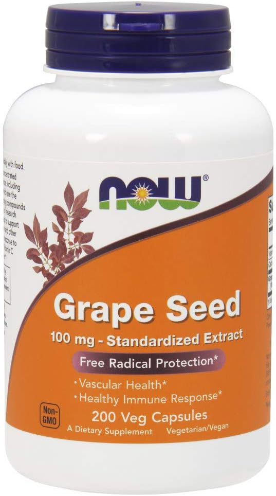NOW Supplements, Grape Seed 100 mg - Standardized Extract, Highly Concentrated Extract with a Minimum of 90% Polyphenols, with Vitamin C, 200 Veg Capsules: Health & Personal Care