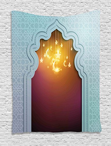 Ambesonne Moroccan Tapestry, Door with Star and Moon Artistic Style Arabic Words Oriental Design, Wall Hanging for Bedroom Living Room Dorm, 60 W X 80 L inches, Pale Blue Maroon Apricot