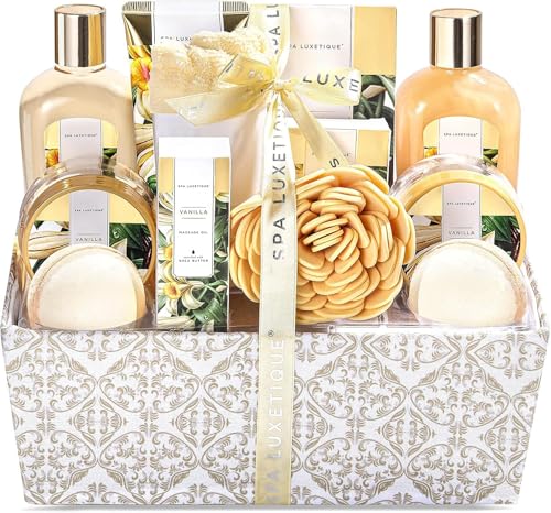 SPA LUXETIQUE Geschenk für Frauen,12tlg Vanilleduft Bade Geschenkset mit Badesalz,Badebomben,Duschgel,Handcreme,Haarturban mit Knopf,Geburtstagsgesche