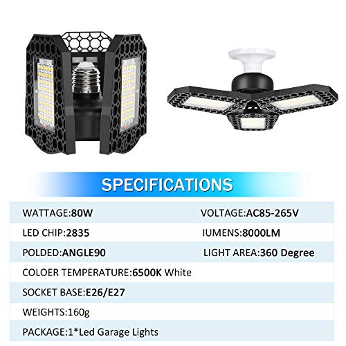 Gyrategirl LED Garage Lights, 80W Deformable Triple Glow Garage Lighting with 3 Adjustable LED Panels, E26 E27 Ceiling Light Led Shop Lights for Garage Warehouse Basement Workshop Outdoor and Yard