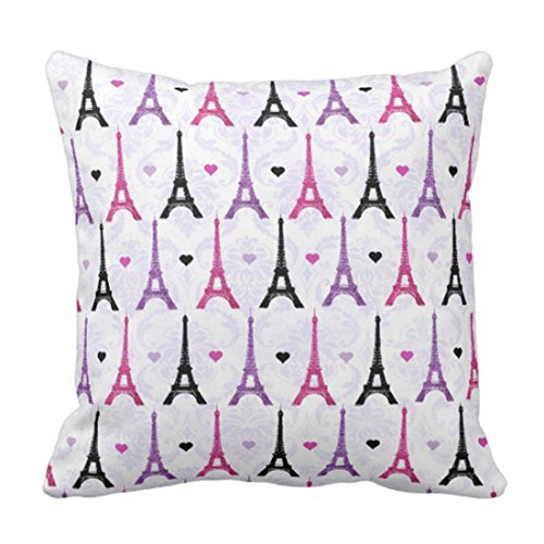 Emvency Throw Pillow Cover Black Paris Pink Purple Eiffel Tower Cute France Decorative Pillow Case Home Decor Square 18 x 18 Inch Pillowcase