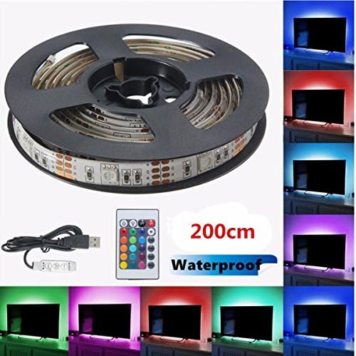 Kit USB LED Strip Light, YESSHOW Waterproof USB RGB Lights Colorful Strips Flexible Adhesive Back Tape [24-key Remote IR Controller] Lighting for Decoration Aquarium TV PC Laptop Background [200CM]