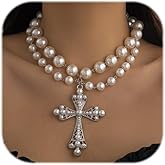 Pearl Cross Necklace Big Cross Necklace for Women Chunky Cross Necklaces Layered Pearl Beads Cross Pendant Necklaces Gothic Jewelry for Women