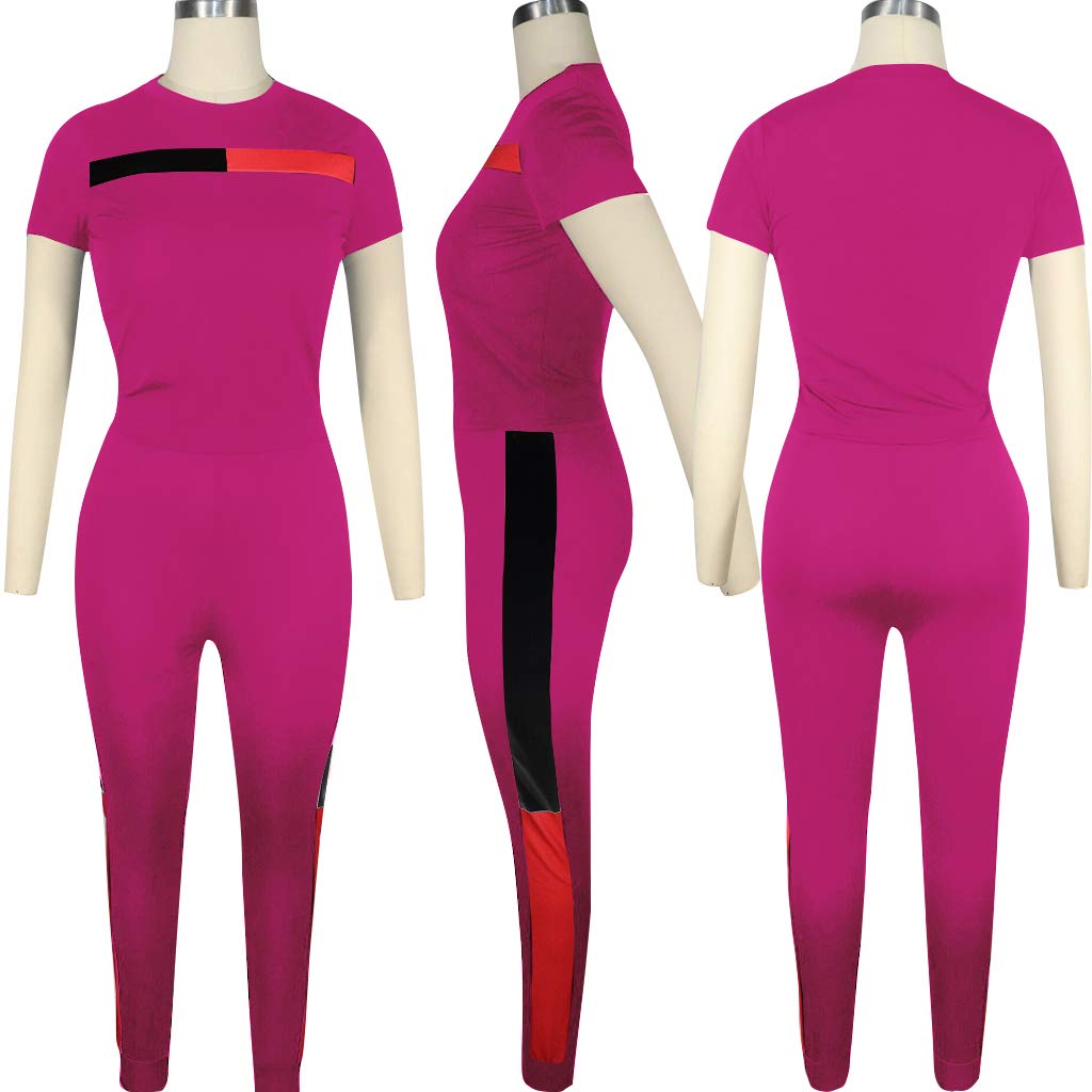 Womens Two Piece Tracksuit Set - Stripes Patchwork Crop Top + Skinny Long Pants Sweatsuits Jumpsuits Outfits X-Large Rose