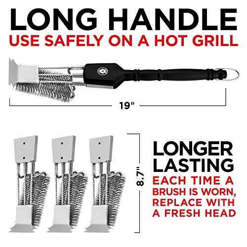 Alpha Grillers Grill Brush & Scraper with 3 Replaceable Heads | Best BBQ Cleaner. Perfect Tools for All Grill Types | Stainless Steel Wire Bristles and Stiff 18 Inch Handle. Ideal Barbecue Accessories - Thumbnail 2