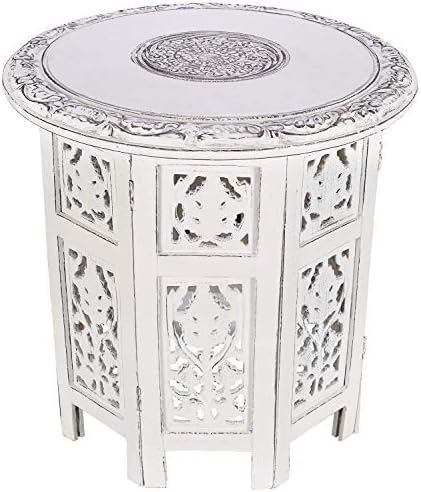 Solid Wood Hand Carved Accent Table, Side Table, entryway Table, Wooden end Table, Bedside Table, Octagonal Wooden Table - 18 Inch Round Top x 18 Inch High - Antique White