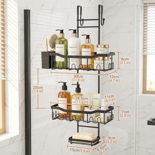 Gabeeriso 3-Tier Over-the-Door Hanging Shower Caddy Bathroom Organizer | Rustproof Black Shower Shelf with 28 Multi-Purpose Hooks for Towels, Soap & Bath Supplies, Ideal for Shower & Bathrooms