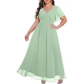 Talisea Plus Size Formal Dresses - V Neck Flutter Sleeve Glitter Prom Evening Gowns Wedding Guest Chiffon Long Maxi Dress