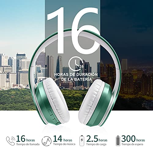 Ifecco Bluetooth Estéreo Auriculares Música sobre-oído Sonido de Alta fidelidad, Bluetooth Banda para la Cabeza Plegable con micrófono y Cable de Audio para Apple iPhone, PC (Jade Verde)