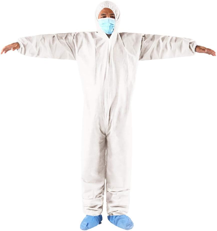 beautijiam Disposable Isolation Coverall, Unisex Non Woven Isolation Gown Overall Protective Suit with Long Sleeves, Zip Closure for Cleaning, Painting, Outdoor XXXL White