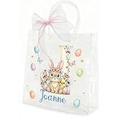 Personalized Clear Gift Bag with Handles | Custom Name Cute Easter Pattern Reusable Clear Party Favor Bags with Ribbon | 7.87" × 7.87" Tote Goodie Bag | Easter Party Favors Gift Bags for Kids Wedding Birthday Valentine's Day