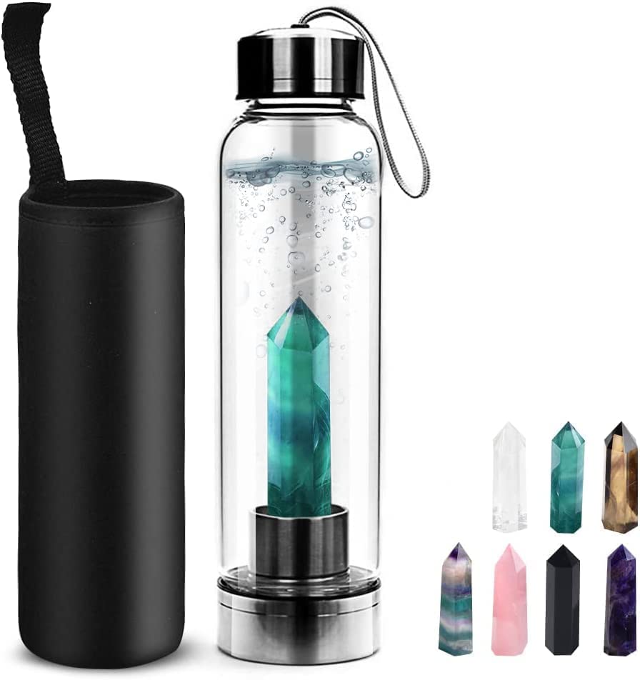 HINATAA Crystal Water Bottle, Removable Natural Crystal Gemstone Glass Bottle, Portable Proof Leak Natural Quartz 550ml (Green Fluorite)