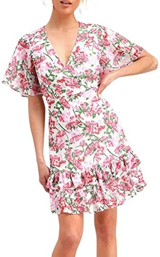Plojuxi レディース ワンピース 袖あり Vネック 半袖 ドレス 花柄 オトナ 着痩せ チュニックトップス スカート 大人 エレガント 可愛い おしゃれ パーティードレス カジュアル シャーリング ビーチ レディース 作業 ドレス B0vfw6tl 292円 人気海外一番 100 品質