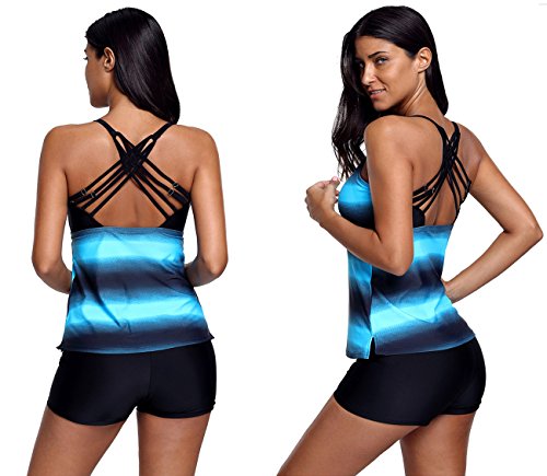 Agreya Women Two Pieces Swimwear Tankini Top with Triangle Bikini Swimsuits (Blue Shadow, L)