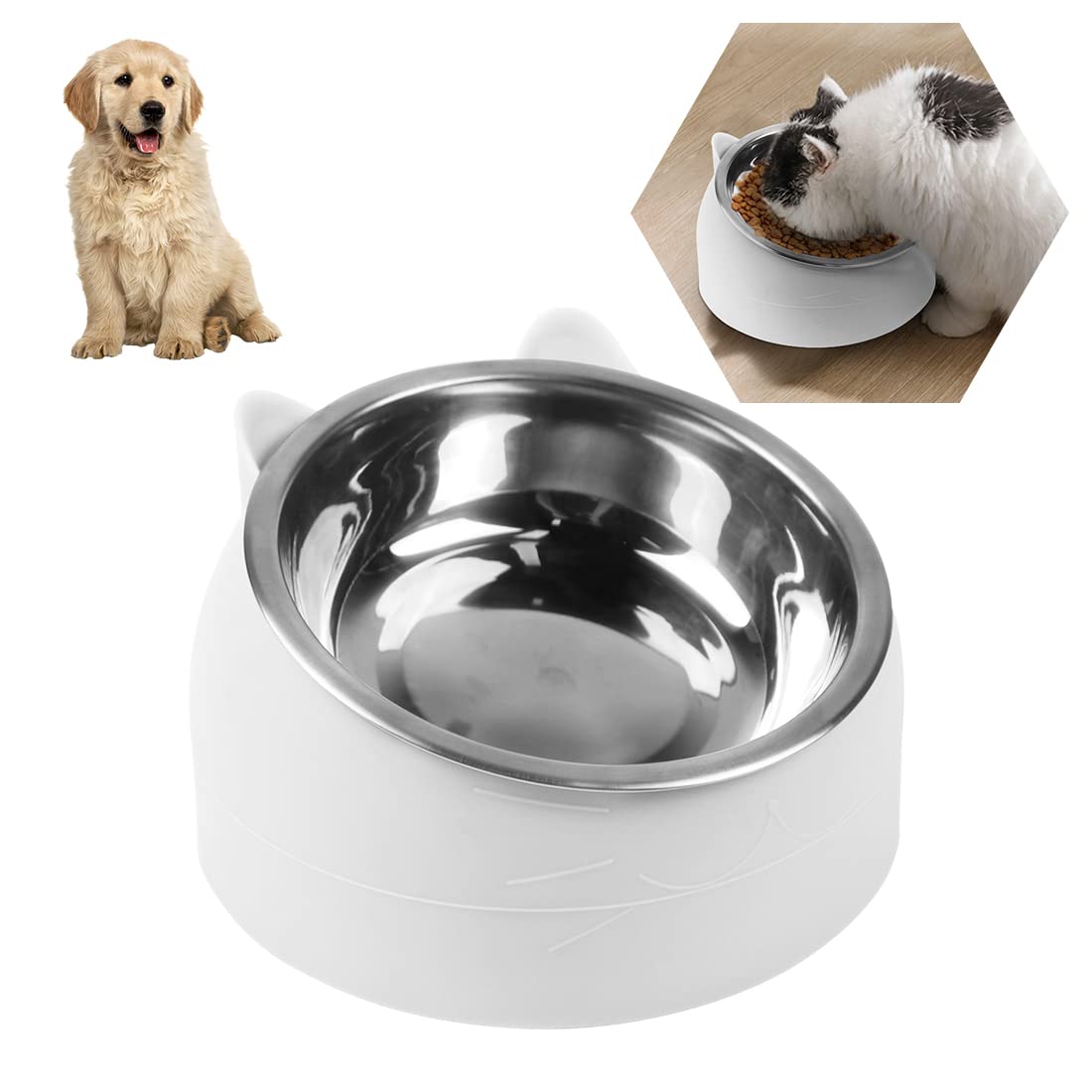 O-Kinee Feeding Bowls for Cats, Feeding Bowls, Cat Food, Raised Cat Bowl, Non-Slip Dog Bowl, Cat Bowl Set, 15 ° Inclined Platform, for Cat, Puppy Food and Water, Removable Stainless Steel Bowl 200ML