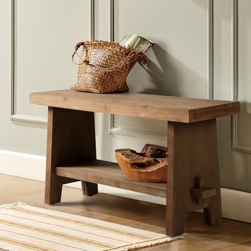 HOKYHOKY Solid Wood Entryway Bench - 31.5" Farmhouse Small Storage Bench, Rustic Narrow Bench Seat for Indoor, Entryway, Dining Room, Living Room and Hallway, Brown