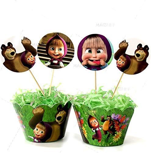 12 set Masha and the Bear cupcake toppers and wrappers