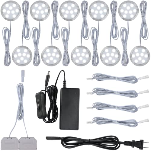 Photo 1 of Meigour Hardwired Under Cabinet Lighting Kit, LED Puck Lights for Display Counter Cases, 120V Electric Wall Plug, 10 Ways Octopus Junction Box, On Off Switch, Cool White 6000K, 10 Lights