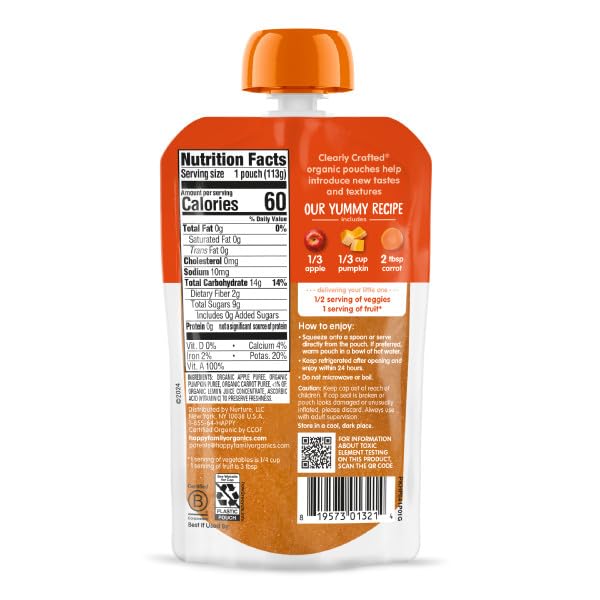 HAPPY BABY ORGANICS STAGE 2 BABY FOOD POUCHES, GLUTEN FREE, VEGAN & HEALTHY SNACK, CLEARLY CRAFTED FRUIT & VEGGIE PUREE, APPLE PUMPKIN & CARROTS, 4 OUNCES (PACK OF 1)