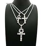 SILVER ICED OUT EGYPTIAN KEY OF LIFE ANKH CROSS BOX CHAIN 3 NECKLACE SET