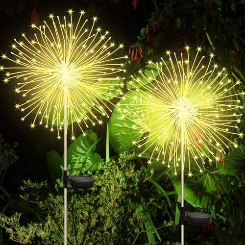 CNMTCCO Solar Feuerwerk Gartenlichter, Solar Garten Dekorative Lichter mit 120 LED Warmweiß Solarstecker Gartenleuchten für Hinterhof Weg Rasen Terrasse (2 Stück warmweiß)