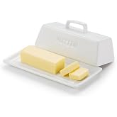 Kook Ceramic Butter Dish with Lid, Countertop, Dishes, Tray, White | Holds 1 Stick Microwave Dishwasher Safe Elegant Kitchen Storage, Covered, Holder, Handle, Stoneware, Porcelain, Container