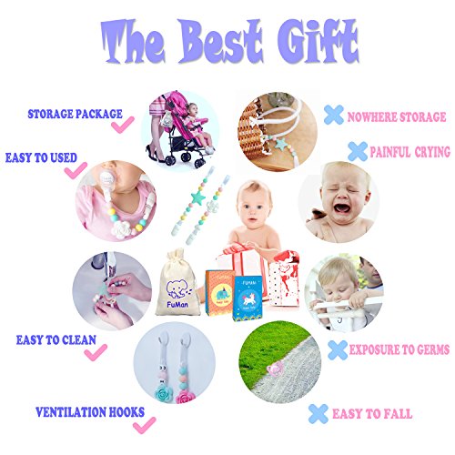 Baby Silicone Pacifier Clip and Teether Holder - Girl's Binky Holder - Best for Teether Toys, Stuffed Animals, Soothie/MAM, Infant Blankets & Drool Bibs, Set of 2 Chewable Pacifier Straps with Roses & - Thumbnail 4