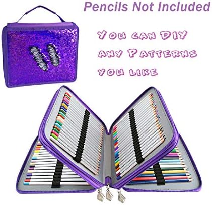 Flip Sequin 120 Slots Pencil Case 3 Layers Sequins Pen Pouch Colored Crayon Organizer Handbag (Purple-Silver)