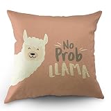 Moslion Llama Pillow Cover Decor Cute Cartoon Llama Design with No Prob Llama Motivational Quote Throw Pillow Case 18" x 18" Inch Cotton Linen Cushion Cover for Men Women Pink White