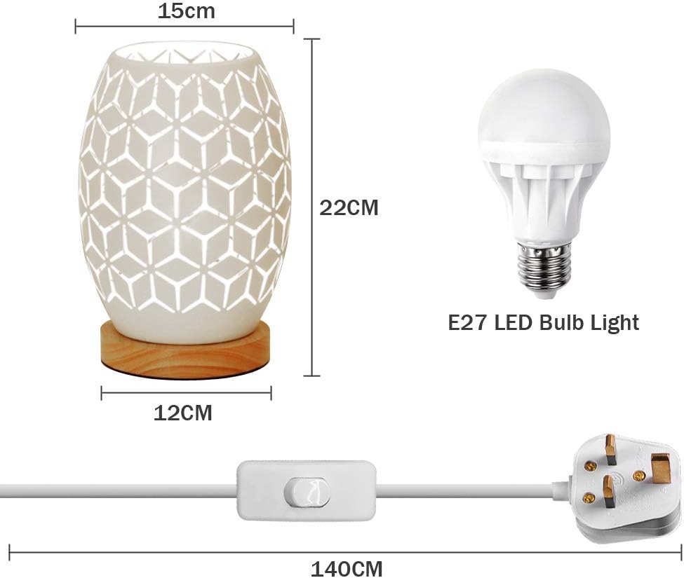 HHMTAKA Metal Lampshade Bedside Table Lamp Wooden Base Bedroom Lamp Decorative Bedside Lamp with Edison Bulb for Bedroom Home Weddings Parties Patio Indoor Outdoor (Geometrical Shape) - Image 3