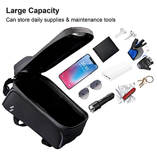 ANVAVA Bike Frame Bag Waterproof Bicycle Top Tube Pouch Phone Holder with Touchscreen Sun Visor and Headphone Hole for iPhone Samsung and other Smartphone Under 6.5 Inch