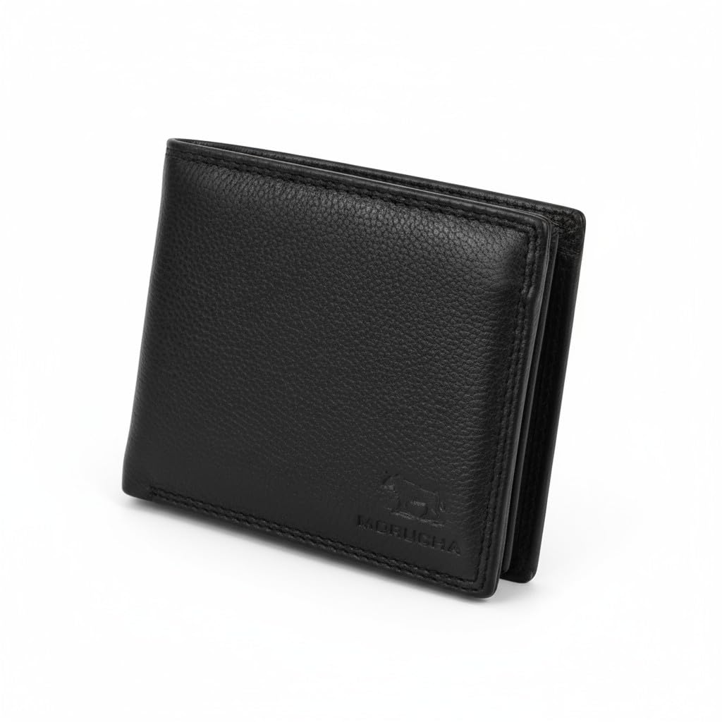 MORUCHA Mens RFID Blocking Real Leather Trifold Passcase Wallet M55 (Black)