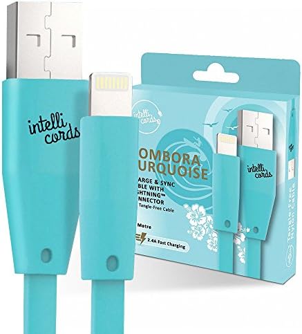 Intellicords Lighting to USB Cable [1 Meter][Tangle-Free Flat Cable],Compatible with Apple iPhone / iPod / iPad,(Bombora Turquoise)