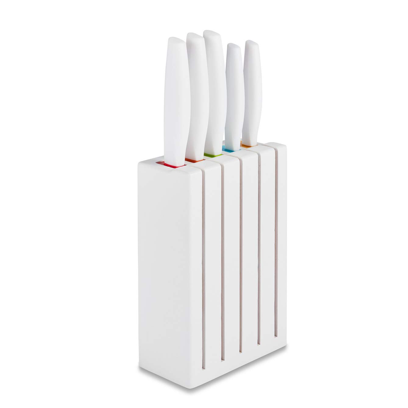 Tower T851034WHT 5 Piece Knife Set with Wooden Block, Colour Coded Handles, White