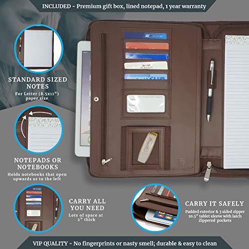 Zippered PU Leather Business Portfolio Padfolio - Professional Light Brown Faux Leather Portfolio Binder & Organizer Folder with 10.5 Inch Tablet Sleeve by Lautus Designs - Thumbnail 3