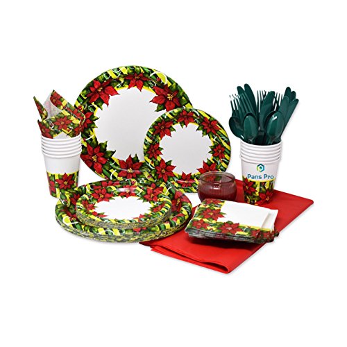 Pans Pros Holiday 110 Piece Dinnerware Set 24 Serving Party Set, Forks, Spoons, Knives, Plates, Cups, Napkins, Tablecovers- (Christmas Theme) (Poinsettia)