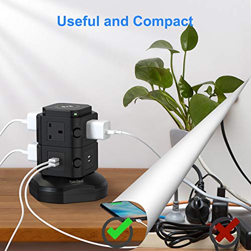 bedee Tower Extension Lead with Surge Protection, Multi Plug Power Extension Tower with 4 USB Slots, 6 Sockets & Wireless Charger, Vertical Power Strip with 2 Metre Cord & Individual Switches, Black