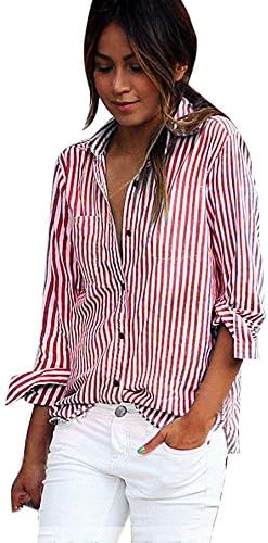 Long Sleeve Tops Womens, TOPUNDER Sexy Stripe Blouse Long Sleeve Shirt Loose Shirts Tops (XL, Red)